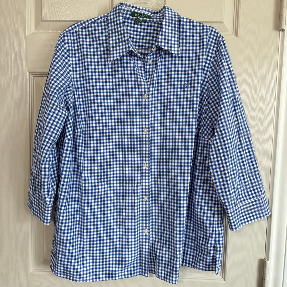 Lauren Ralph Lauren Womens 2X Blue Gingham 3/4 Sleeve Cotton Button Down Shirt